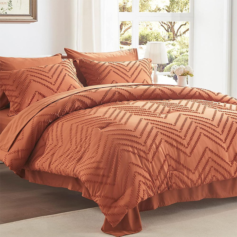 Brown Jacquard Boho Wave clipped Comforter Set 7pcs Comforter พร้อมชุดผ้าปูที่นอน