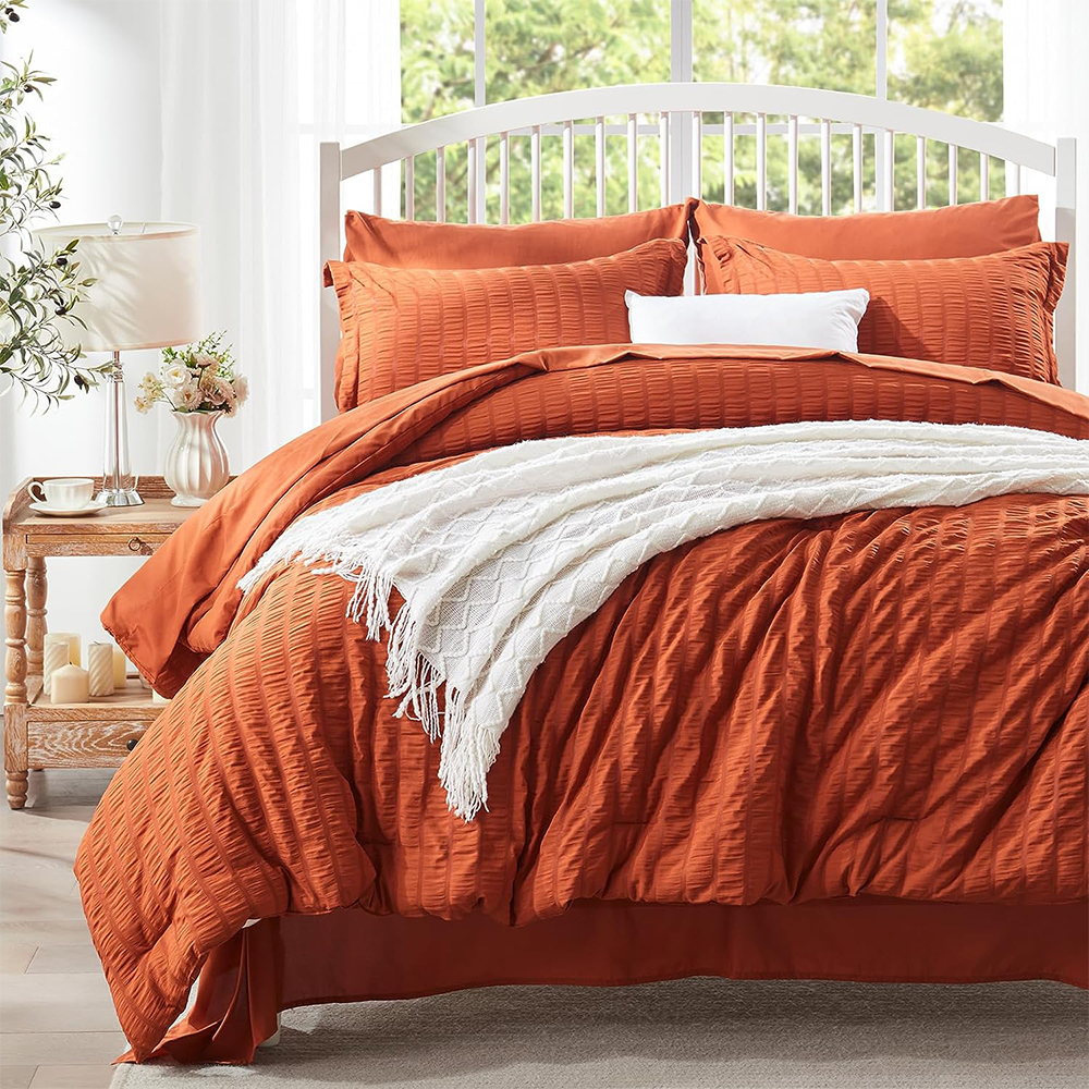 Solid Seersucker Comforter Set 7pcs Comforter พร้อมชุดหมอน Shams & Sheet Set